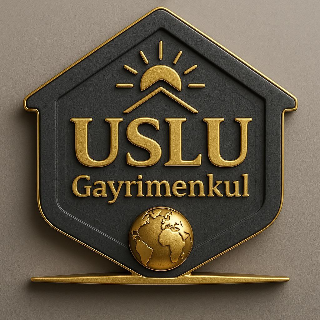 Uslu Gayrimenkul altın renkli ev ve güneş amblemi